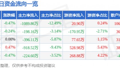 股票行情快报：五洲交通（600368）10月17日主力资金净卖出1089.86万元
