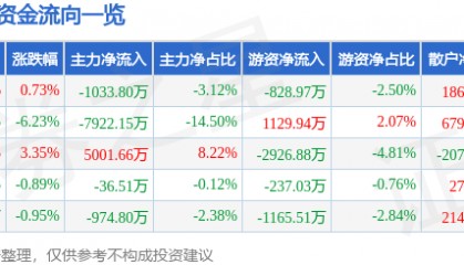 股票行情快报:潮宏基(002345)9月11日主力资金净卖出1033.80万元