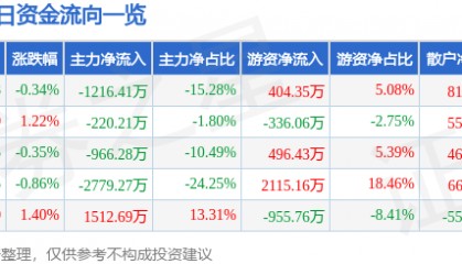 股票行情快报:冀中能源(000937)7月3日主力资金净卖出1216.41万元