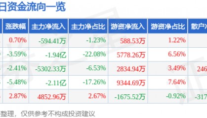 股票行情快报：汉得信息（300170）10月15日主力资金净卖出594.41万元