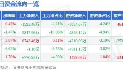 股票行情快报:中京电子(002579)7月21日主力资金净卖出1593.46万元