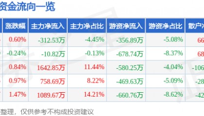 股票行情快报:徐家汇(002561)6月30日主力资金净卖出312.53万元