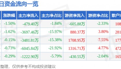 股票行情快报:大洋电机(002249)7月31日主力资金净卖出479.40万元