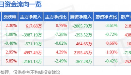 股票行情快报:大洋电机(002249)9月11日主力资金净买入617.68万元