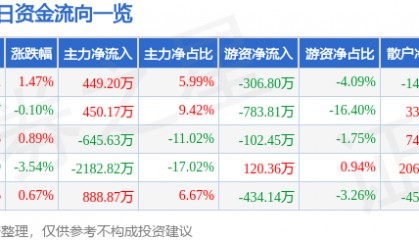 股票行情快报:氯碱化工(600618)8月5日主力资金净买入449.20万元