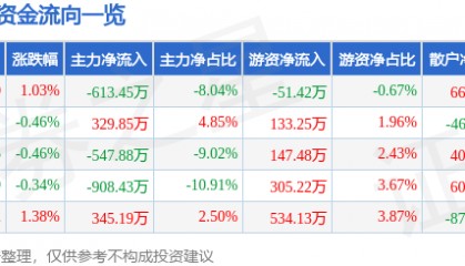 股票行情快报:徐家汇(002561)7月24日主力资金净卖出613.45万元