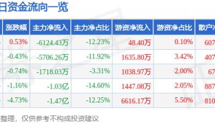 股票行情快报:科泰电源(300153)7月25日主力资金净卖出6124.43万元