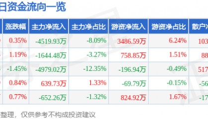 股票行情快报：用友网络（600588）10月24日主力资金净卖出4519.93万元