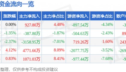 股票行情快报:宁波港(601018)6月13日主力资金净买入927.80万元
