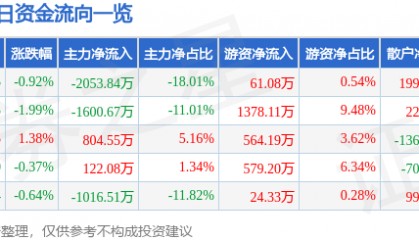 股票行情快报:氯碱化工(600618)9月16日主力资金净卖出2053.84万元