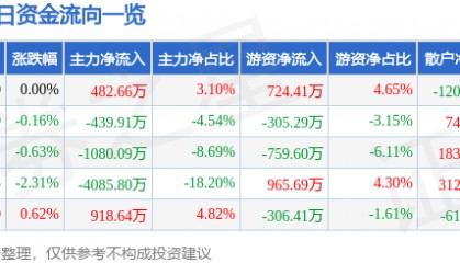 股票行情快报:农发种业(600313)4月28日主力资金净买入482.66万元