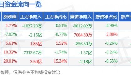 股票行情快报:科泰电源(300153)8月22日主力资金净卖出1027.23万元