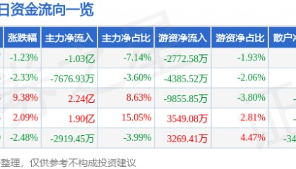 股票行情快报:科泰电源(300153)9月15日主力资金净卖出1.03亿元