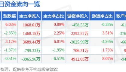 通化金马(000766)8月22日主力资金净买入1068.61万元