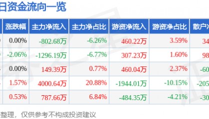 股票行情快报:美邦服饰(002269)8月15日主力资金净卖出802.68万元