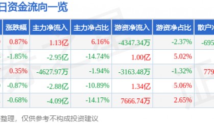 股票行情快报：江淮汽车（600418）8月11日主力资金净买入1.13亿元