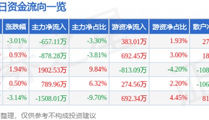 股票行情快报：汉王科技（002362）10月10日主力资金净卖出657.11万元