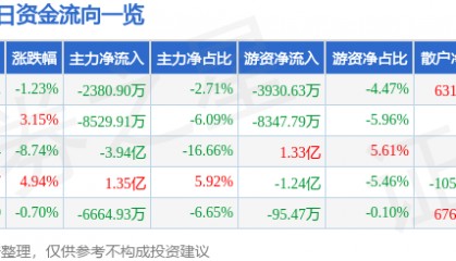 股票行情快报：用友网络（600588）8月12日主力资金净卖出2380.90万元