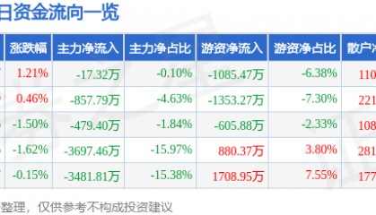 股票行情快报:大洋电机(002249)8月4日主力资金净卖出17.32万元