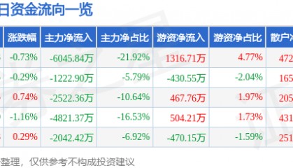 股票行情快报：大洋电机（002249）7月28日主力资金净卖出6045.84万元