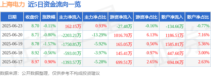 股票行情快报：上海电力（600021）6月23日主力资金净买入162.15万元