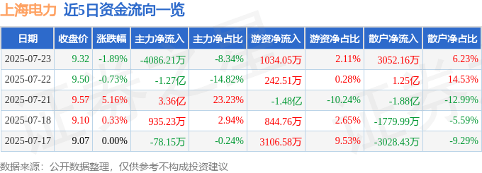 股票行情快报：上海电力（600021）7月23日主力资金净卖出4086.21万元