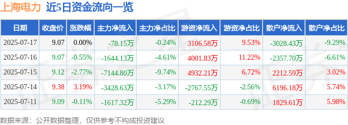 股票行情快报：上海电力（600021）7月17日主力资金净卖出78.15万元