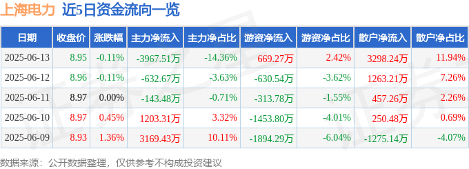 股票行情快报：上海电力（600021）6月13日主力资金净卖出3967.51万元