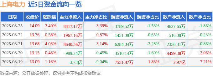 股票行情快报：上海电力（600021）8月25日主力资金净买入8417.17万元