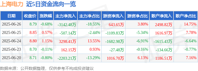 股票行情快报：上海电力（600021）6月26日主力资金净卖出3142.48万元