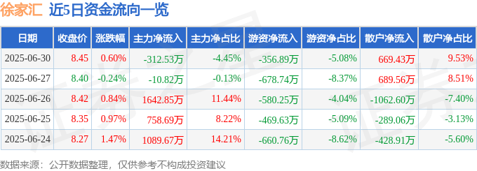 股票行情快报：徐家汇（002561）6月30日主力资金净卖出312.53万元