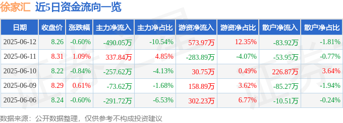 股票行情快报：徐家汇（002561）6月12日主力资金净卖出490.05万元