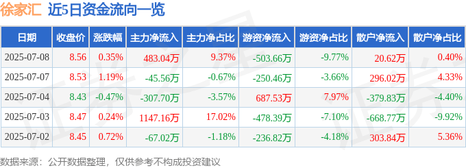 股票行情快报：徐家汇（002561）7月8日主力资金净买入483.04万元