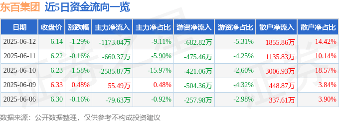 股票行情快报：东百集团（600693）6月12日主力资金净卖出1173.04万元