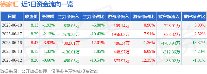 股票行情快报：徐家汇（002561）6月18日主力资金净卖出838.05万元