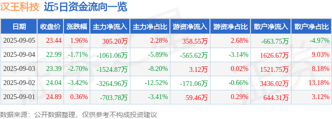 股票行情快报：汉王科技（002362）9月5日主力资金净买入305.20万元